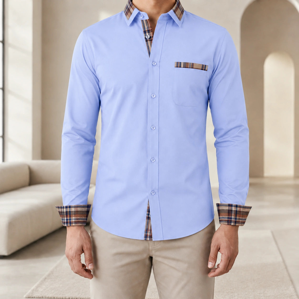 Mivanity Men's Stretch Color-Block Square Collar Shirts