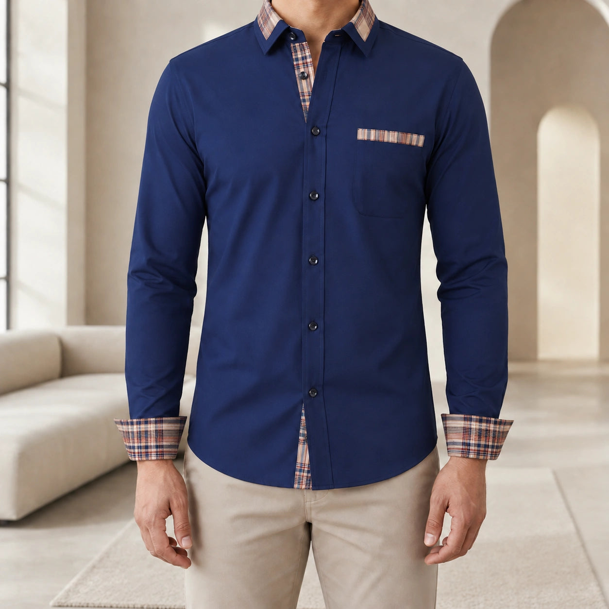 Mivanity Men's Stretch Color-Block Square Collar Shirts