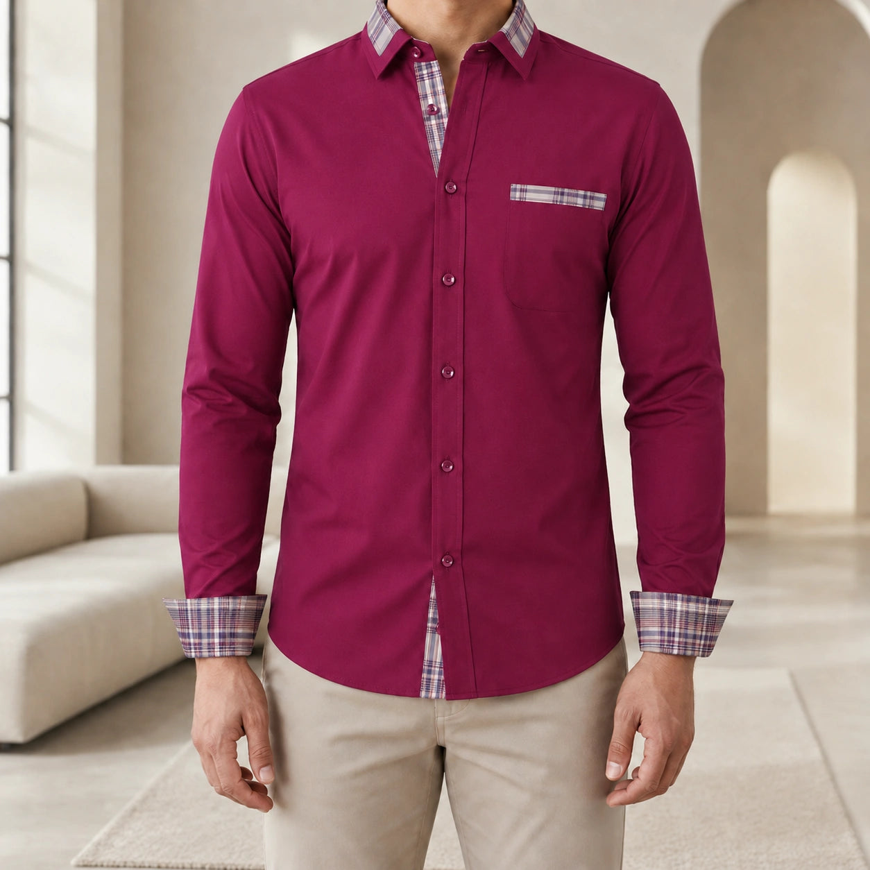 Mivanity Men's Stretch Color-Block Square Collar Shirts