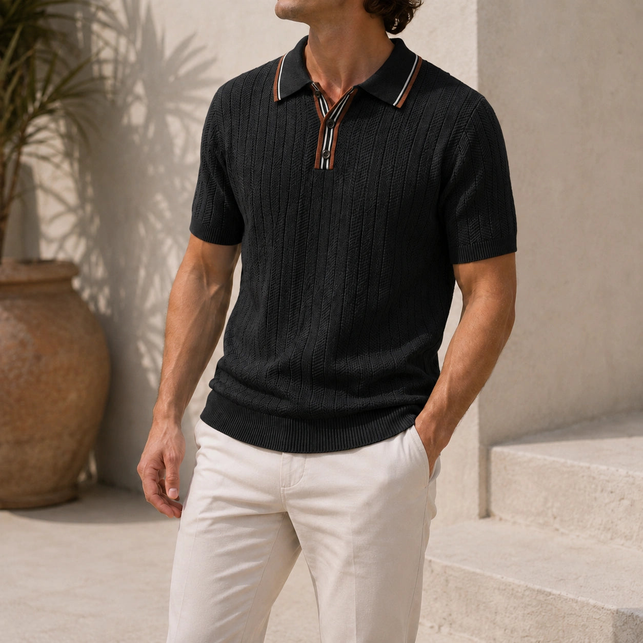 Mivanity Men's Striped Cable Knit Polo Shirts