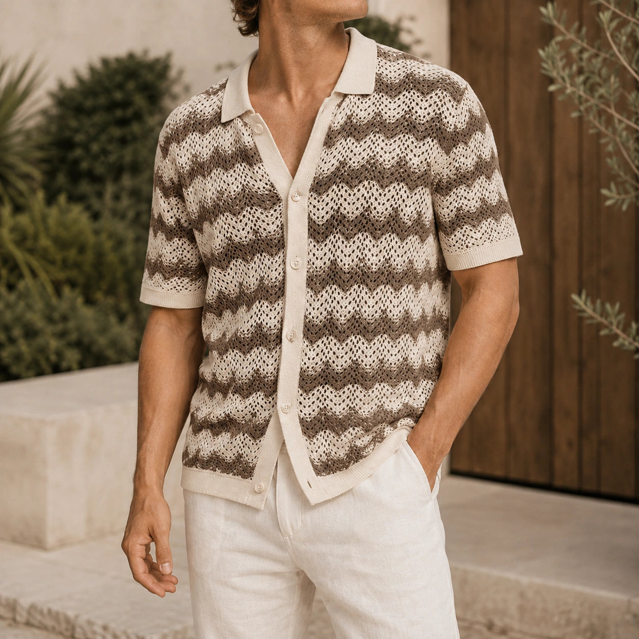 Mivanity Men's Striped Hollow-Out Knit Polo Shirts