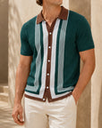 Mivanity Men's Striped Jacquard Knit Cardigan Polos