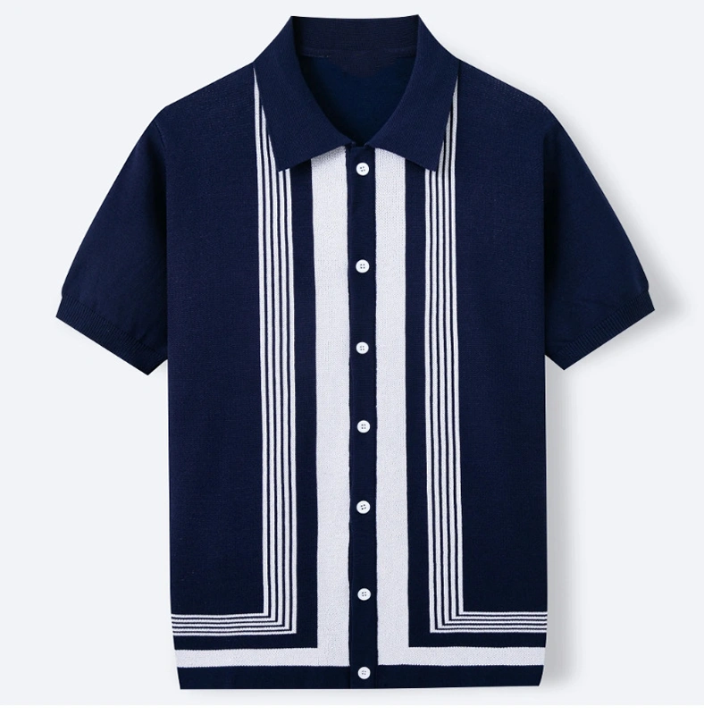 Mivanity Men's Striped Jacquard Knit Cardigan Polos