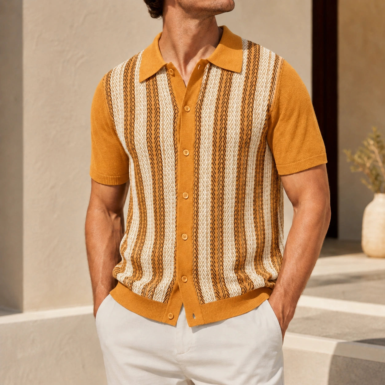 Mivanity Men's Striped Jacquard Short-Sleeve Polo Shirts
