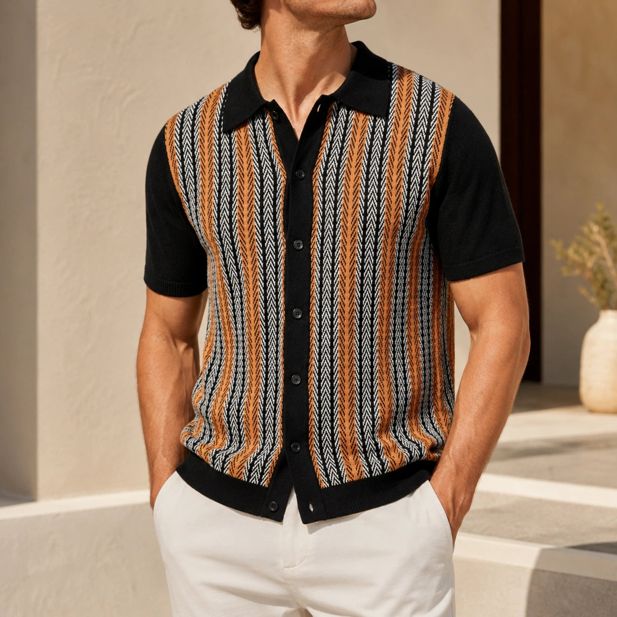 Mivanity Men's Striped Jacquard Short-Sleeve Polo Shirts