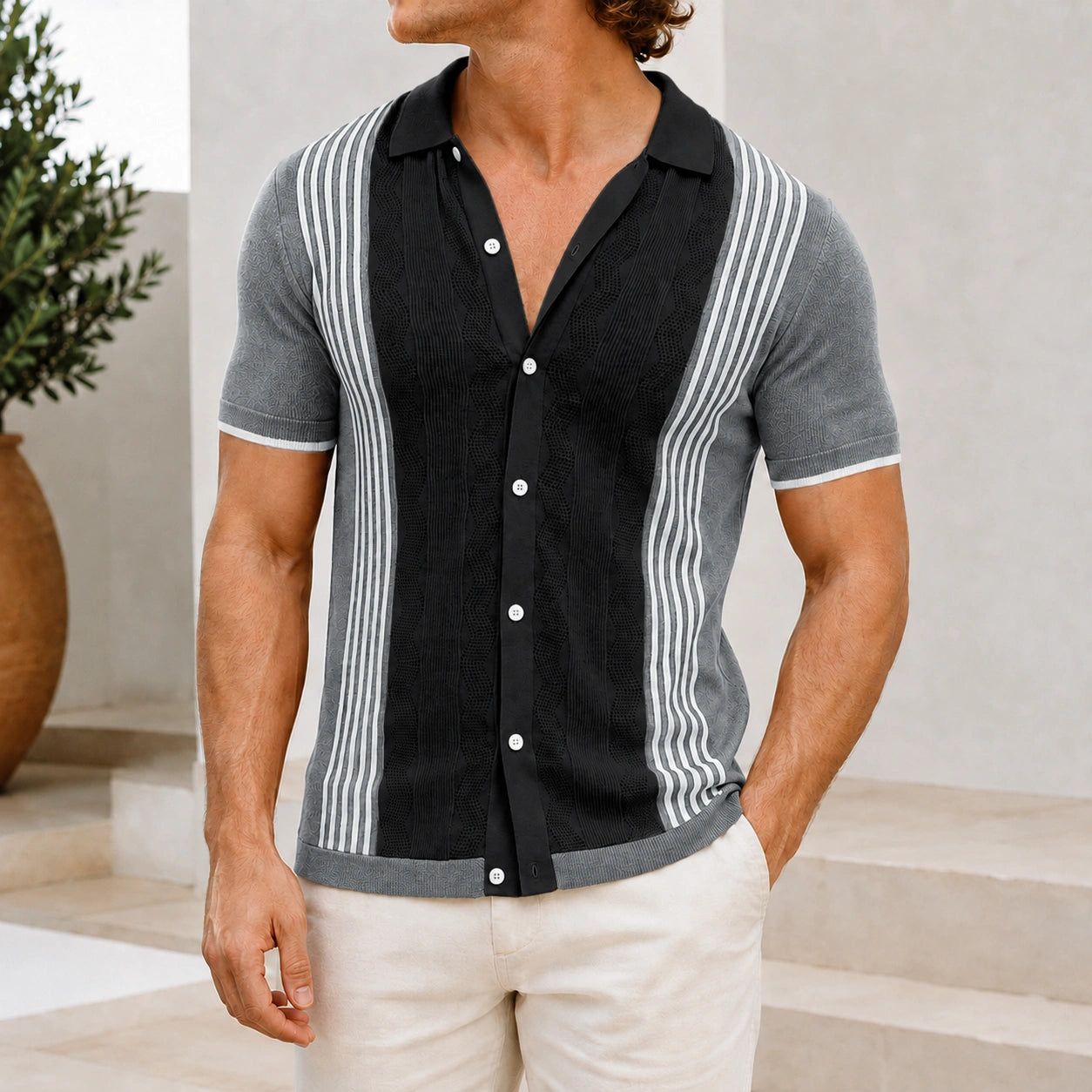 Mivanity Men's Striped Knit Short-Sleeve Polo Shirts