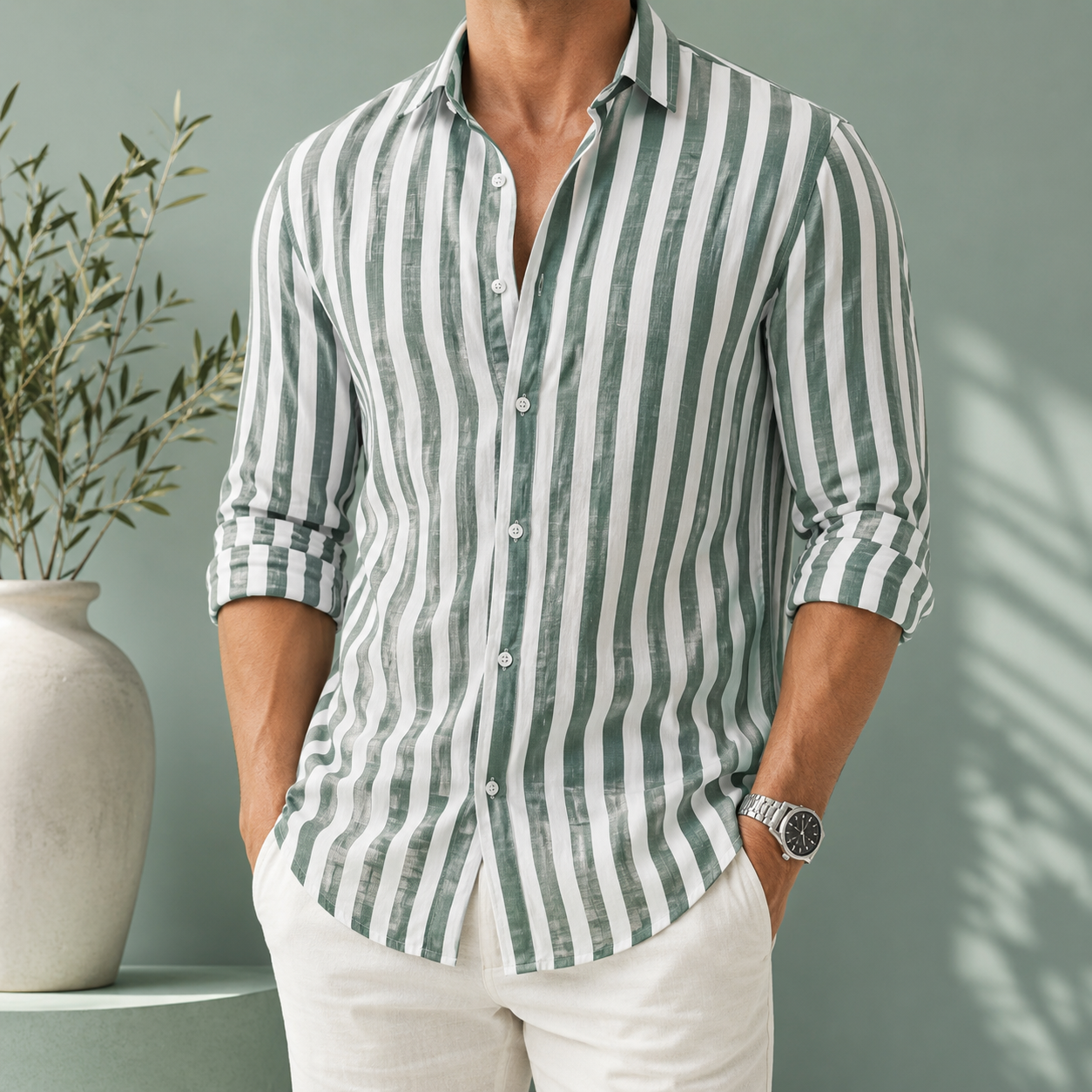 Mivanity Men’s Striped Linen Blend Resort Shirt