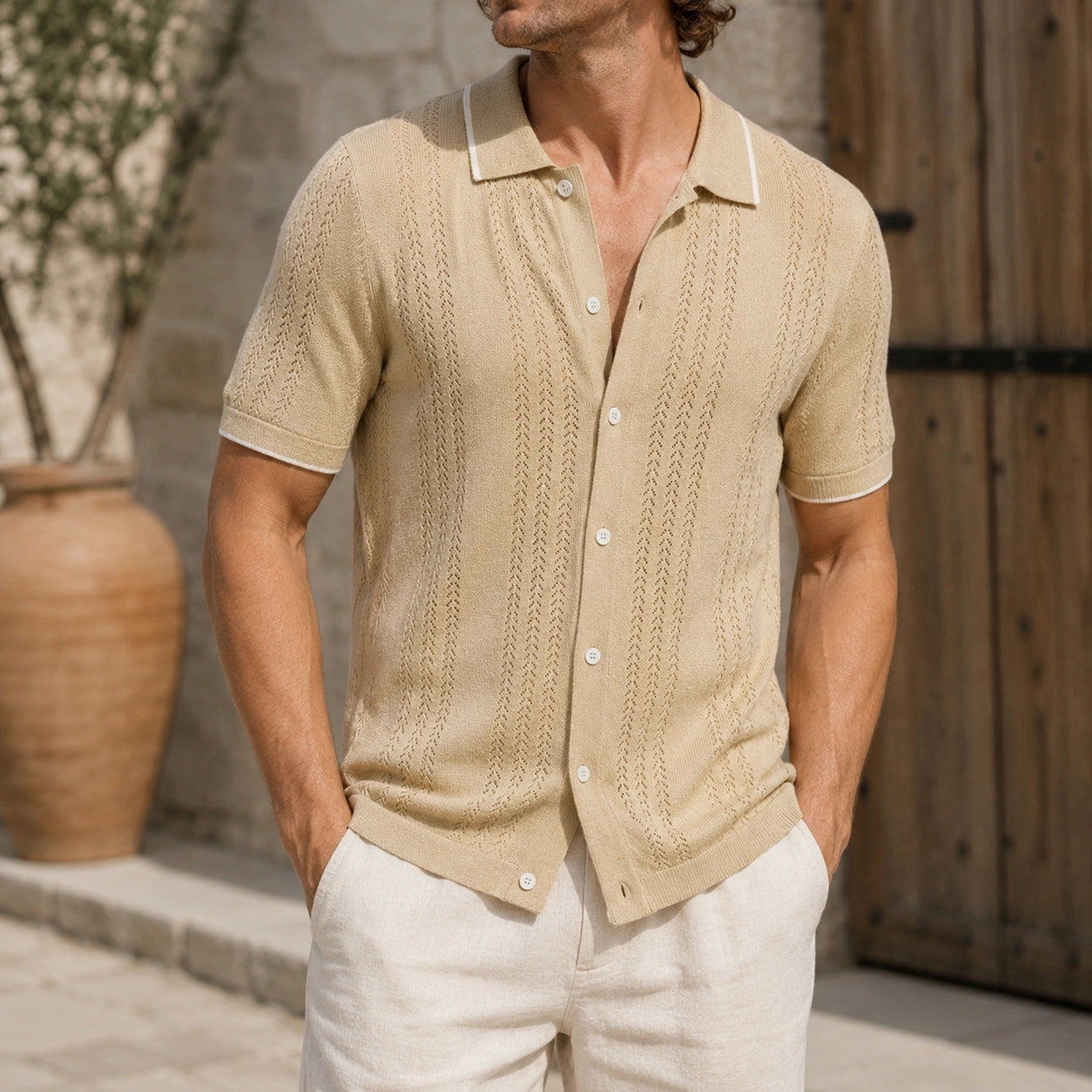 Mivanity Men's Striped Wheat Ear Jacquard Polo Shirts
