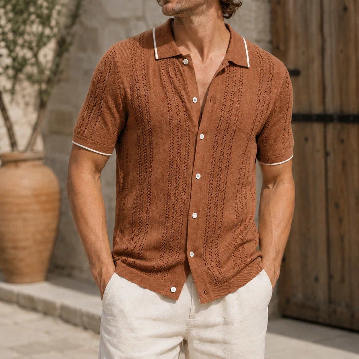 Mivanity Men's Striped Wheat Ear Jacquard Polo Shirts