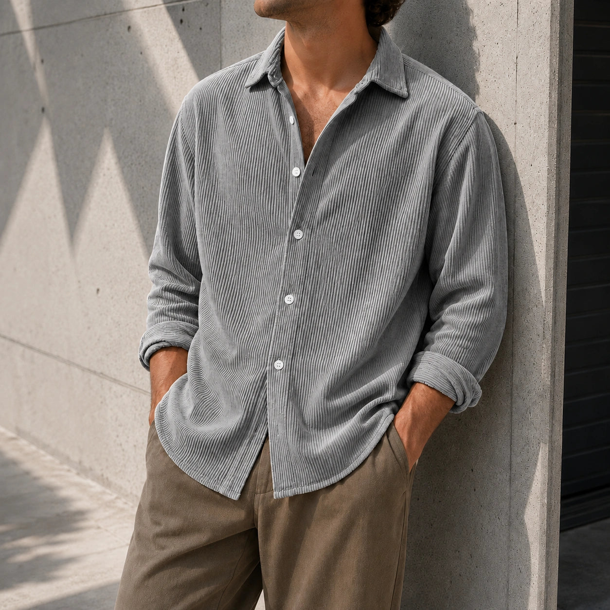 Mivanity Men's Stylish Casual Ribbed Lapel Long-sleeved Shirts