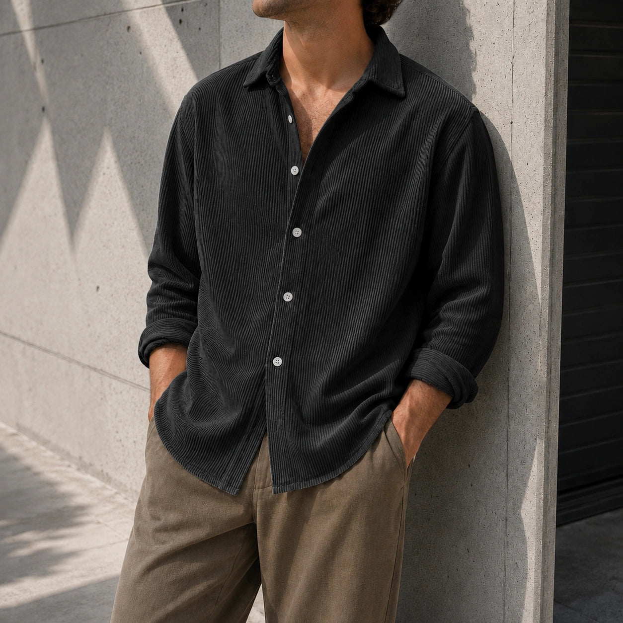 Mivanity Men's Stylish Casual Ribbed Lapel Long-sleeved Shirts