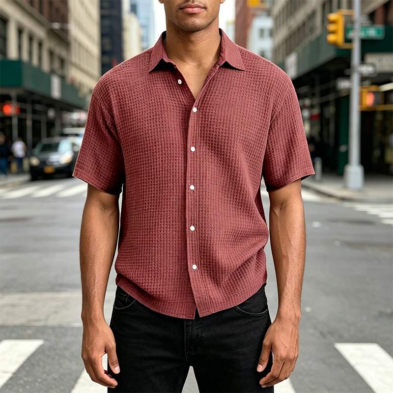 Mivanity Men's Stylish Casual Waffle Fabric Short-sleeved Shirt