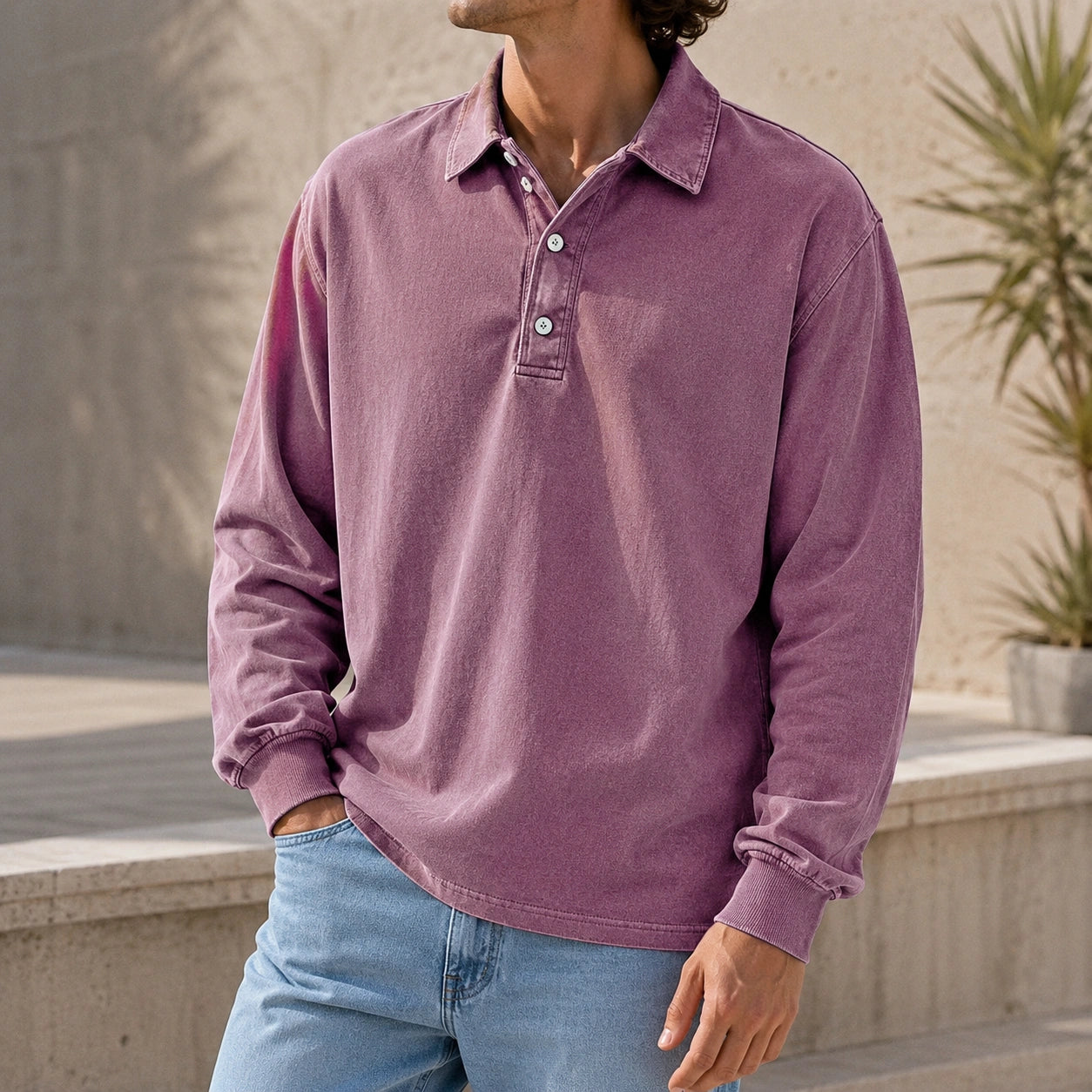 Mivanity Men's Stylish Vintage Washed And Distressed Lapel Long-sleeved Polo Shirt