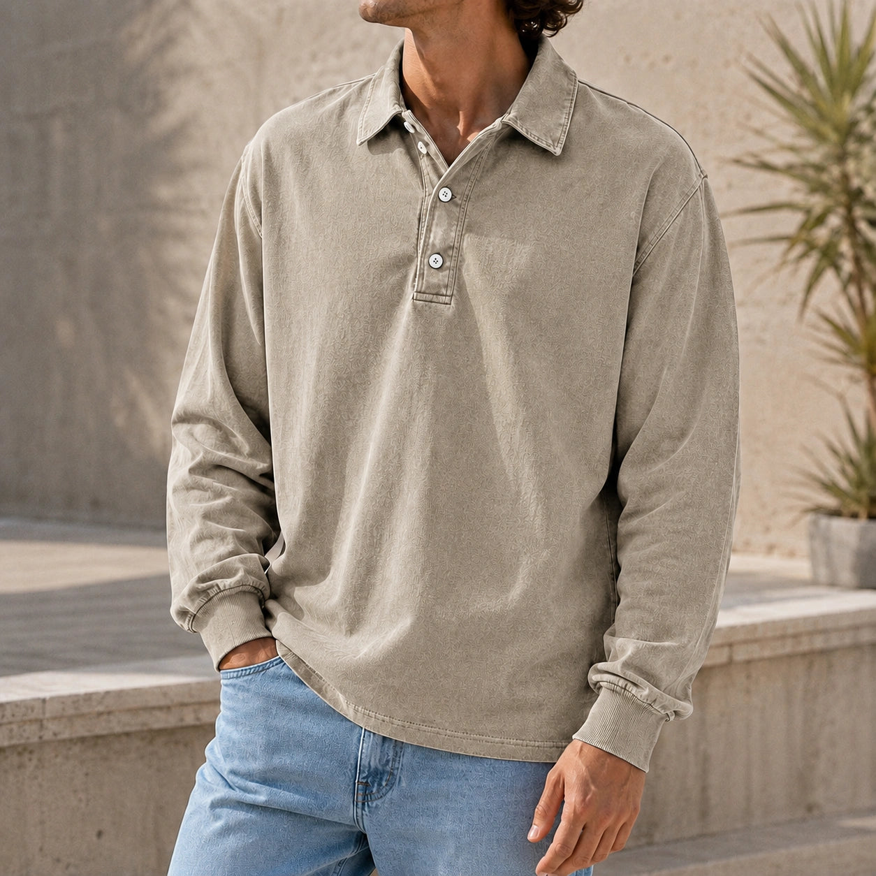 Mivanity Men's Stylish Vintage Washed And Distressed Lapel Long-sleeved Polo Shirt