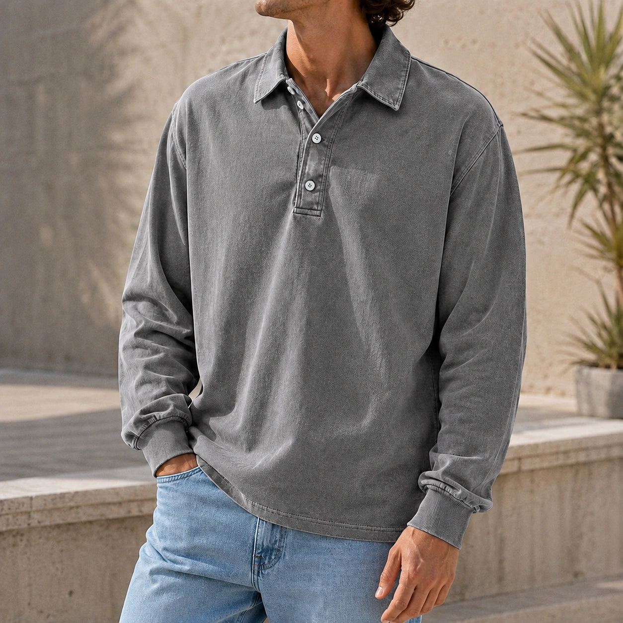 Mivanity Men's Stylish Vintage Washed And Distressed Lapel Long-sleeved Polo Shirt