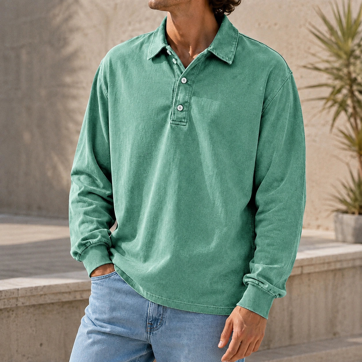 Mivanity Men's Stylish Vintage Washed And Distressed Lapel Long-sleeved Polo Shirt