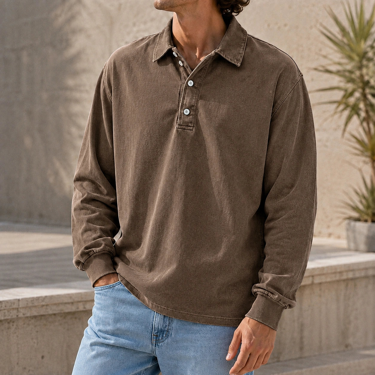 Mivanity Men's Stylish Vintage Washed And Distressed Lapel Long-sleeved Polo Shirt
