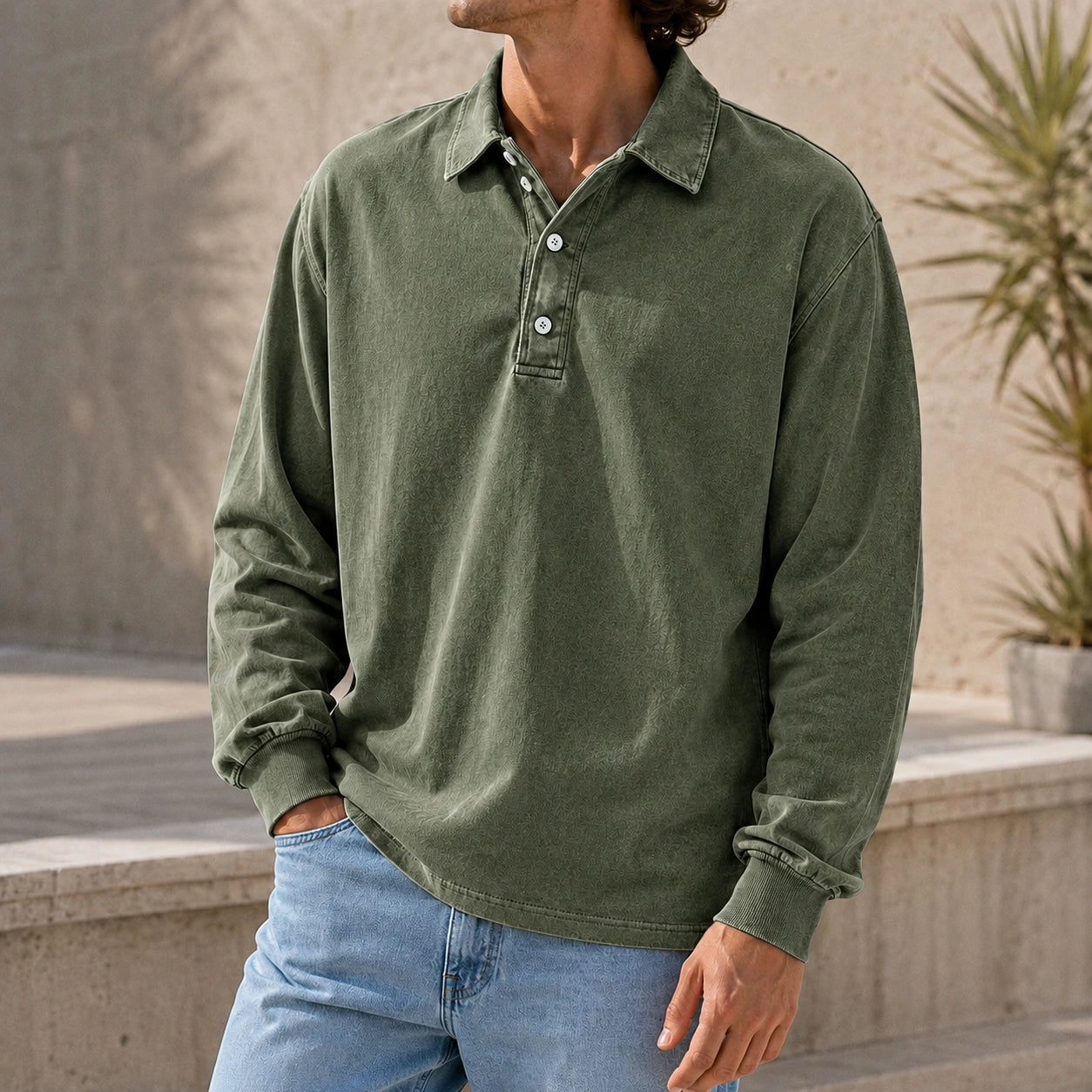 Mivanity Men's Stylish Vintage Washed And Distressed Lapel Long-sleeved Polo Shirt
