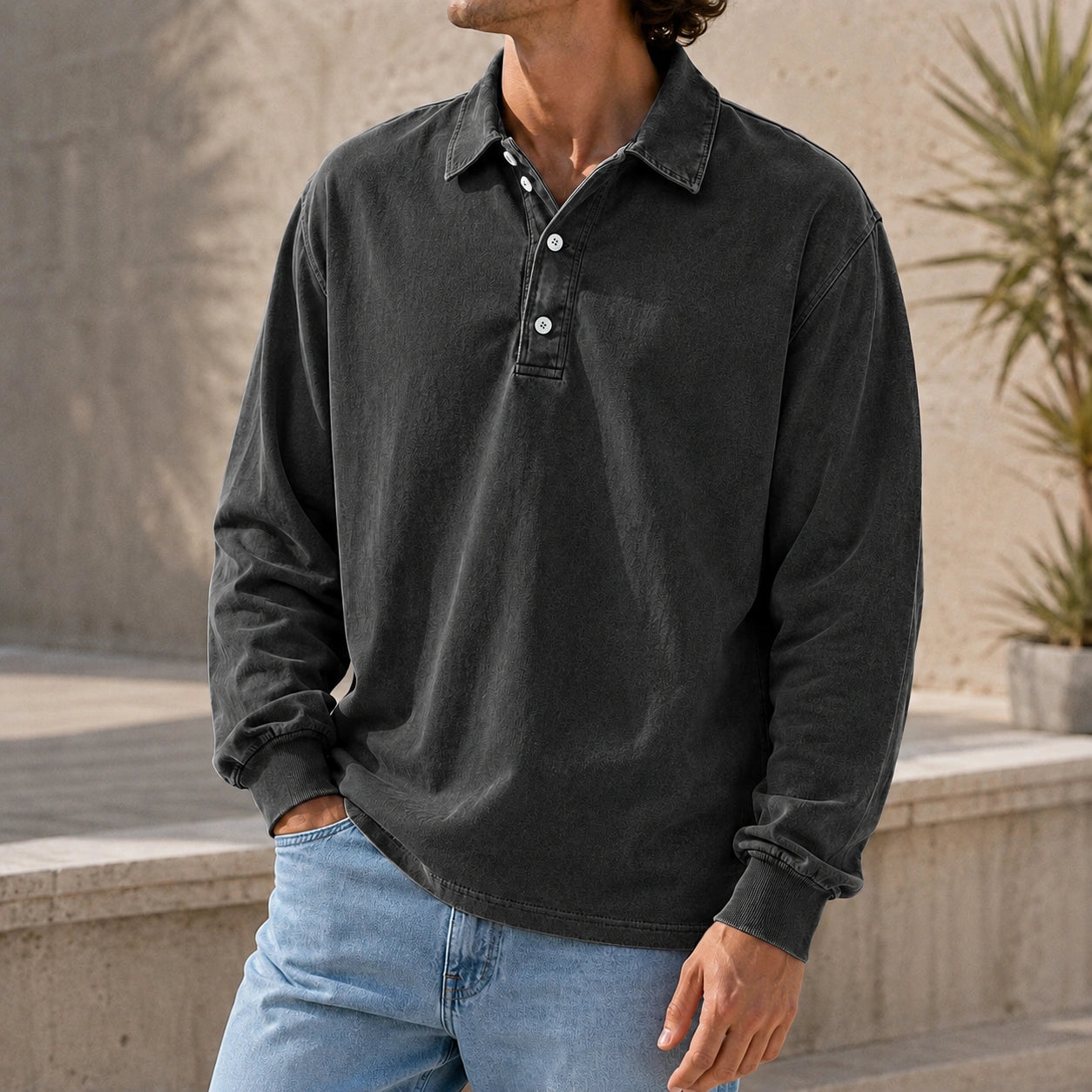 Mivanity Men's Stylish Vintage Washed And Distressed Lapel Long-sleeved Polo Shirt
