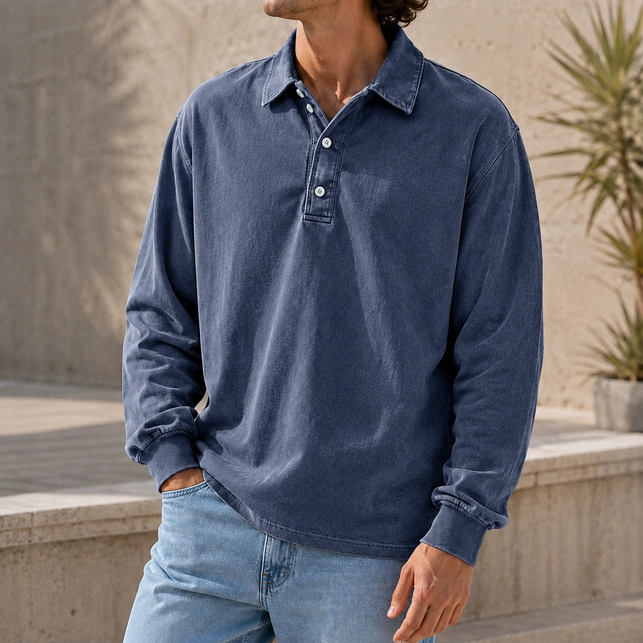 Mivanity Men's Stylish Vintage Washed And Distressed Lapel Long-sleeved Polo Shirt