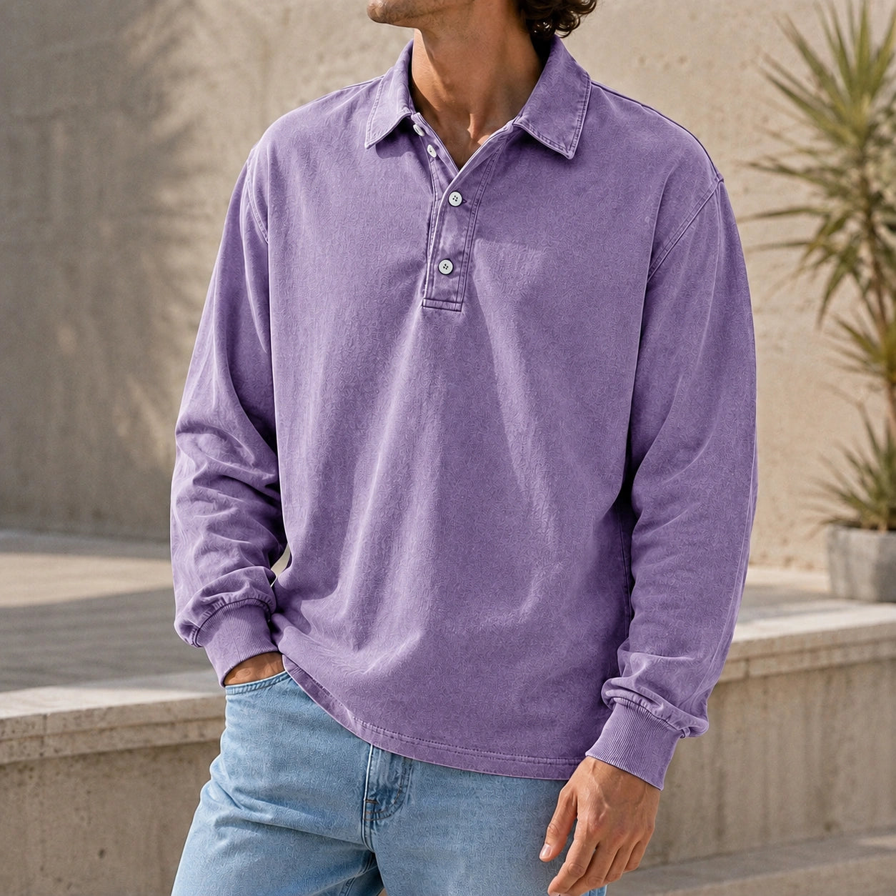 Mivanity Men's Stylish Vintage Washed And Distressed Lapel Long-sleeved Polo Shirt