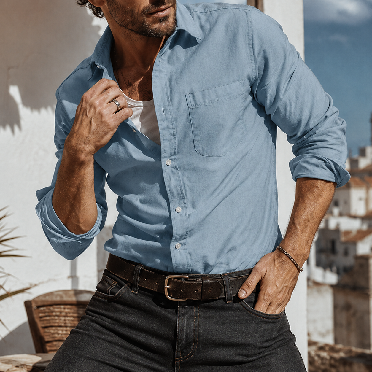 Mivanity Men's Textured Cotton Long Sleeve Button-Down Shirt with Pocket