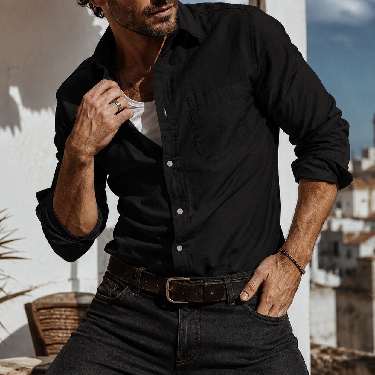 Mivanity Men's Textured Cotton Long Sleeve Button-Down Shirt with Pocket