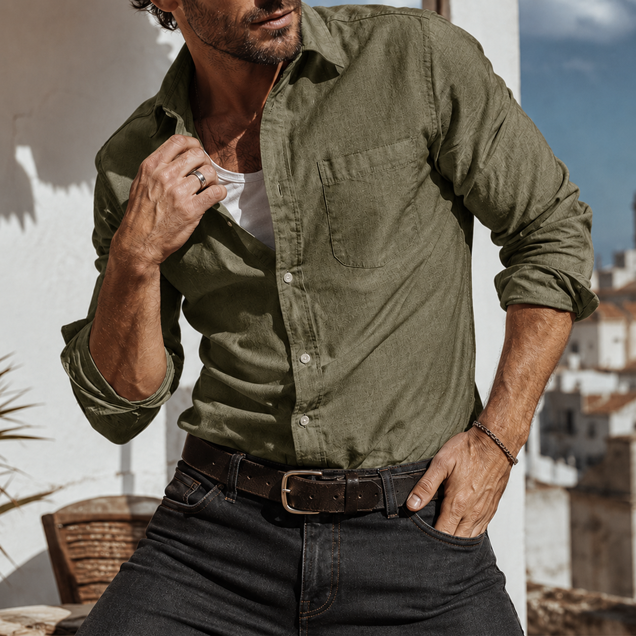 Mivanity Men's Textured Cotton Long Sleeve Button-Down Shirt with Pocket