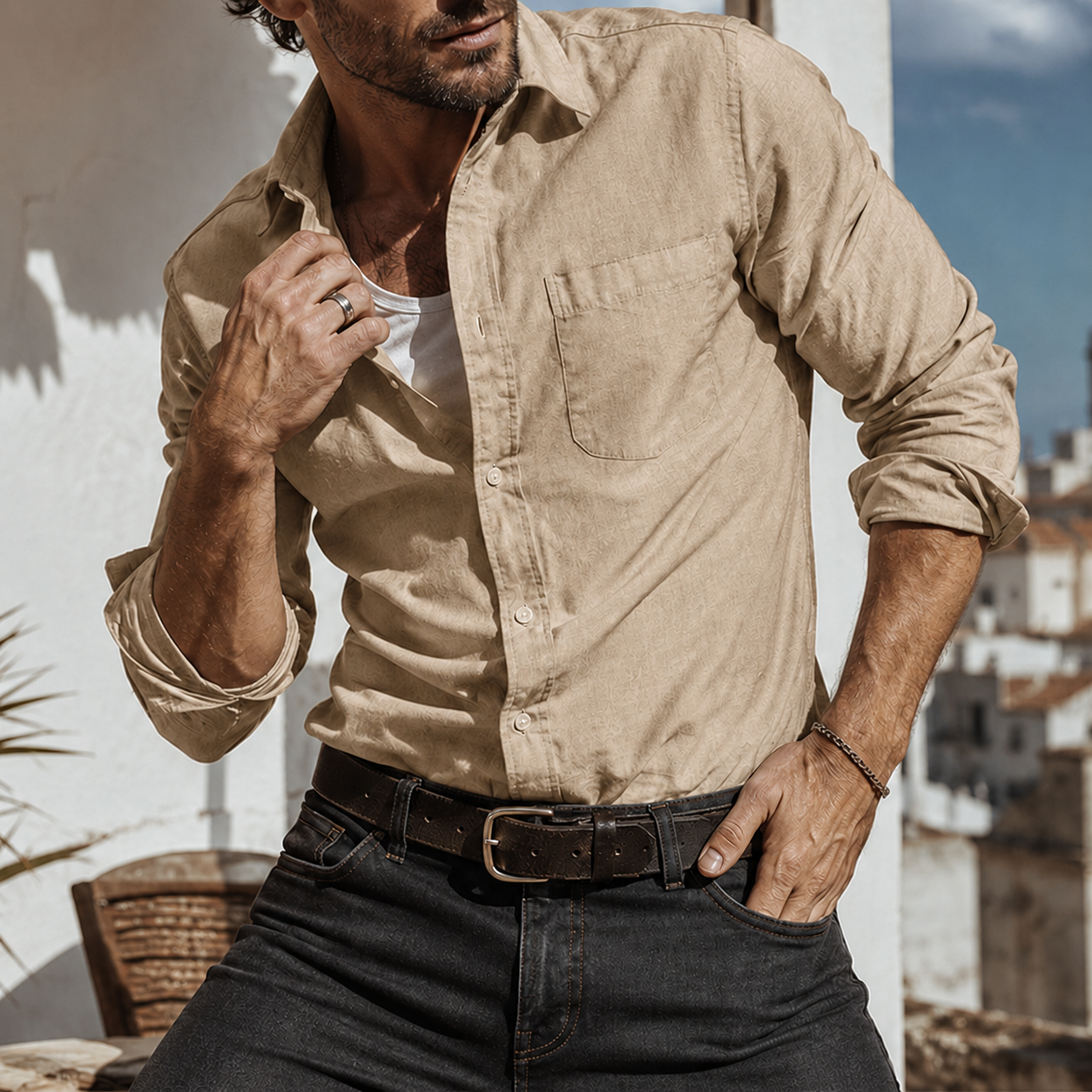 Mivanity Men's Textured Cotton Long Sleeve Button-Down Shirt with Pocket