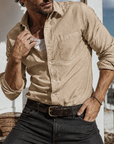 Mivanity Men's Textured Cotton Long Sleeve Button-Down Shirt with Pocket