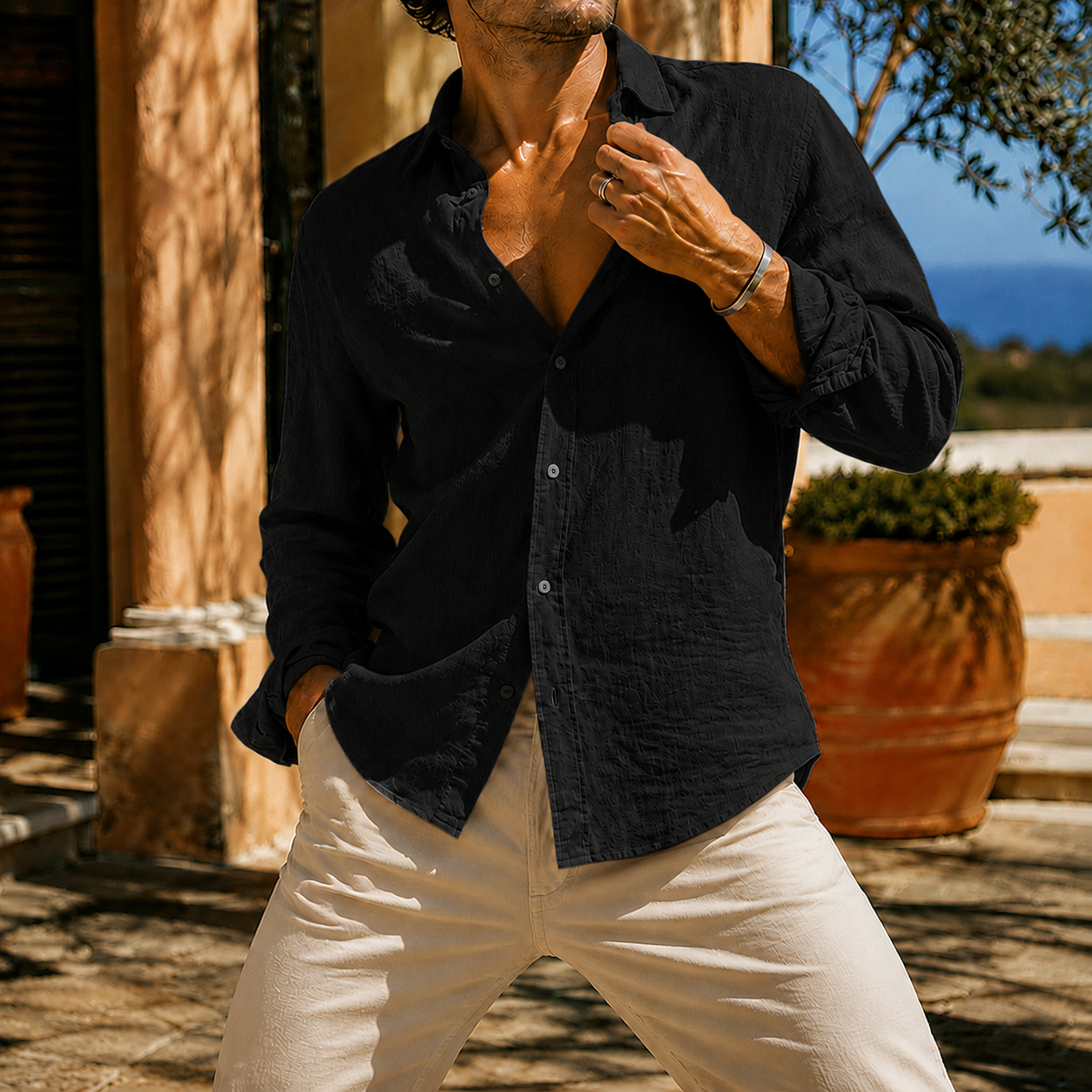 Mivanity Men's Textured Cotton Long Sleeve Button