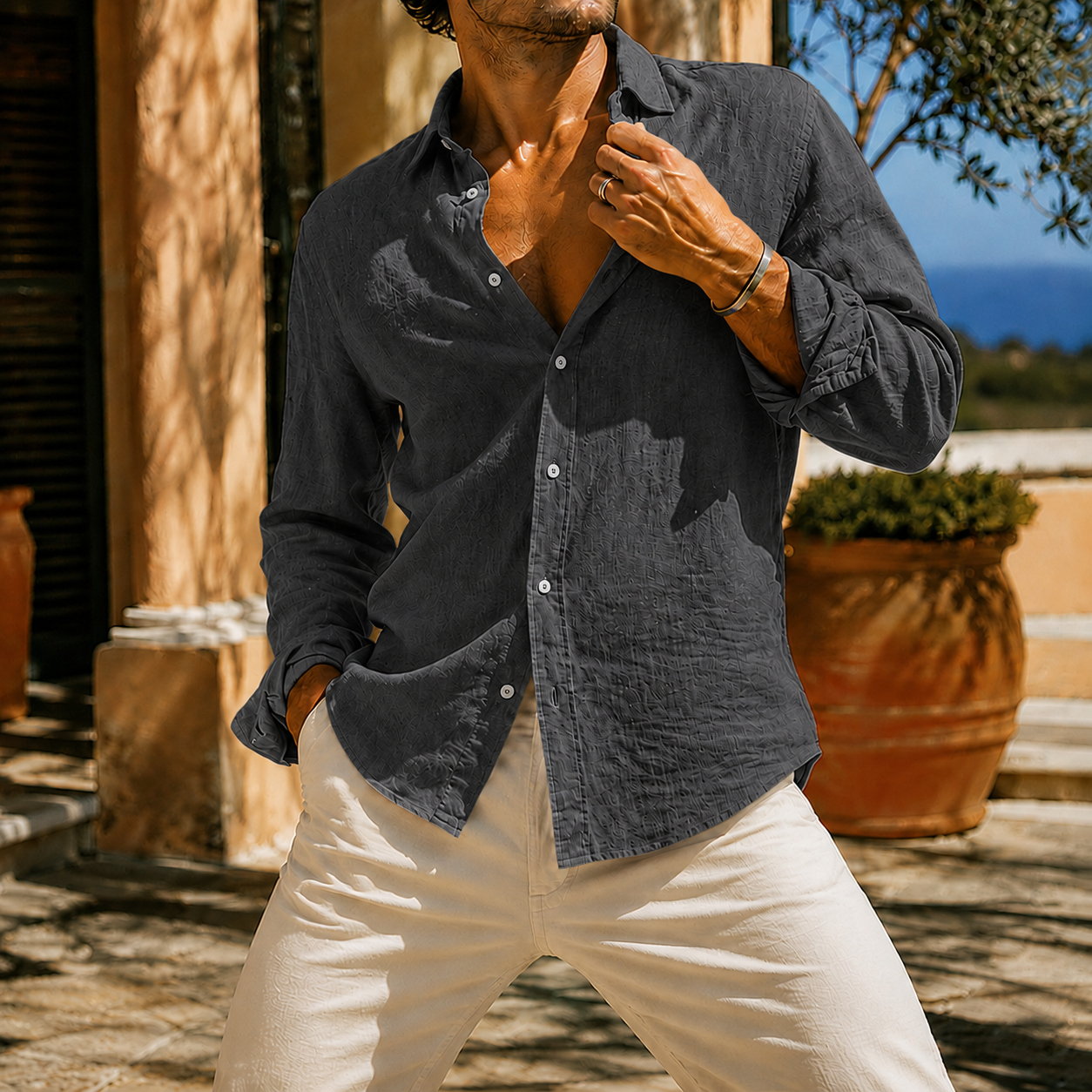 Mivanity Men's Textured Cotton Long Sleeve Button