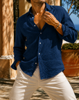 Mivanity Men's Textured Cotton Long Sleeve Button