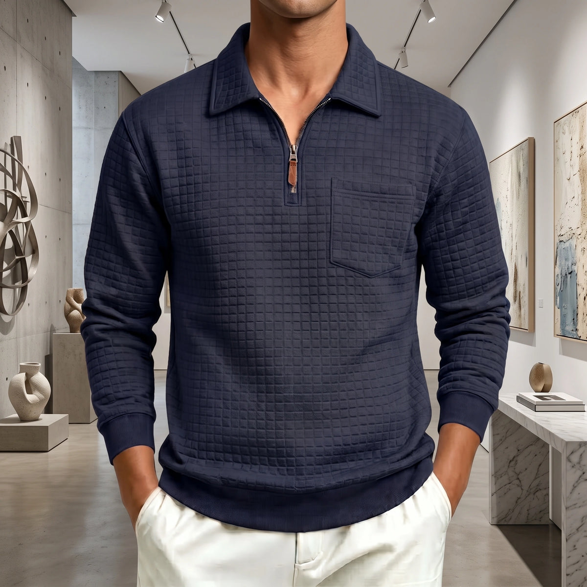 Mivanity Men's Textured Grid Jacquard Quarter-Zip Pullover
