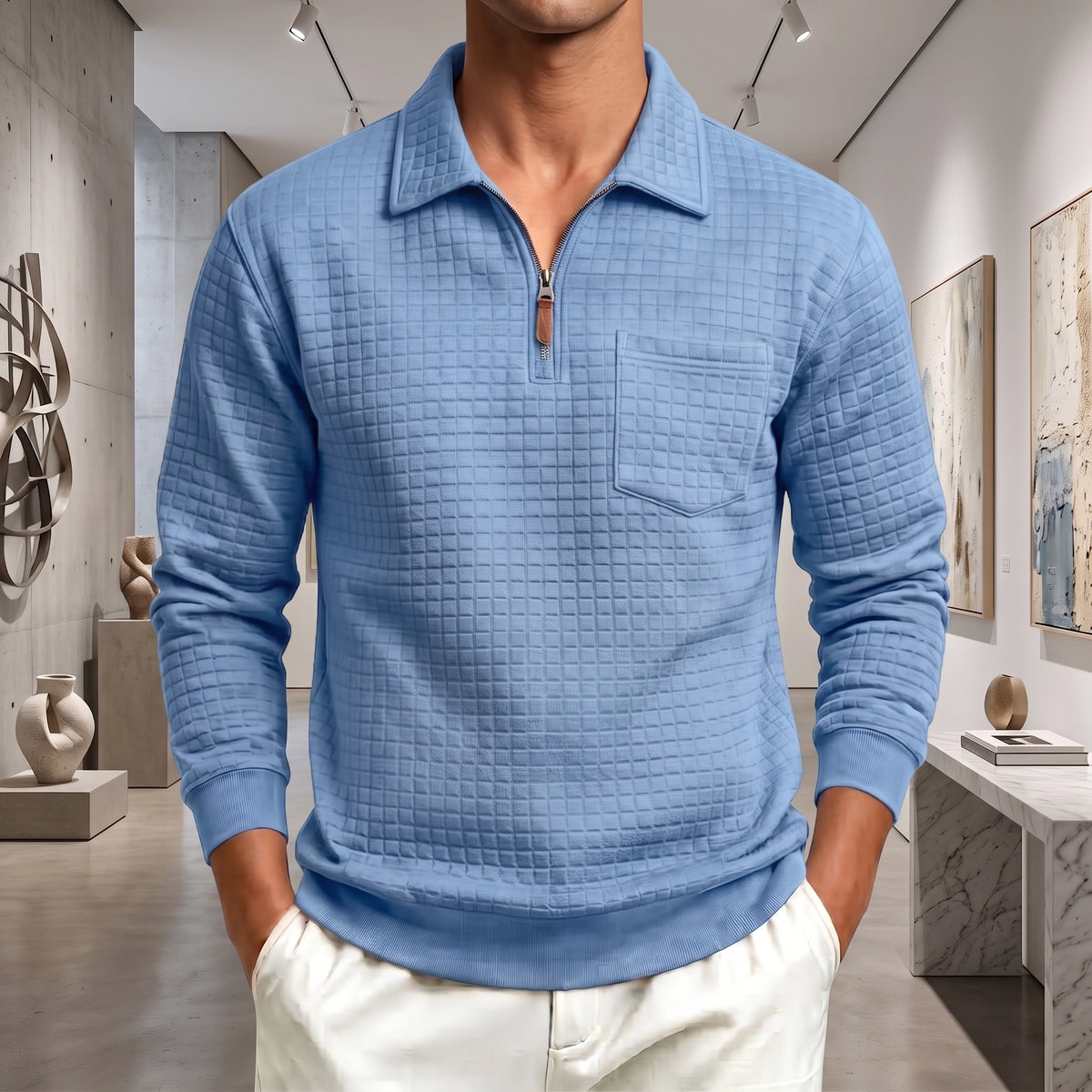 Mivanity Men's Textured Grid Jacquard Quarter-Zip Pullover