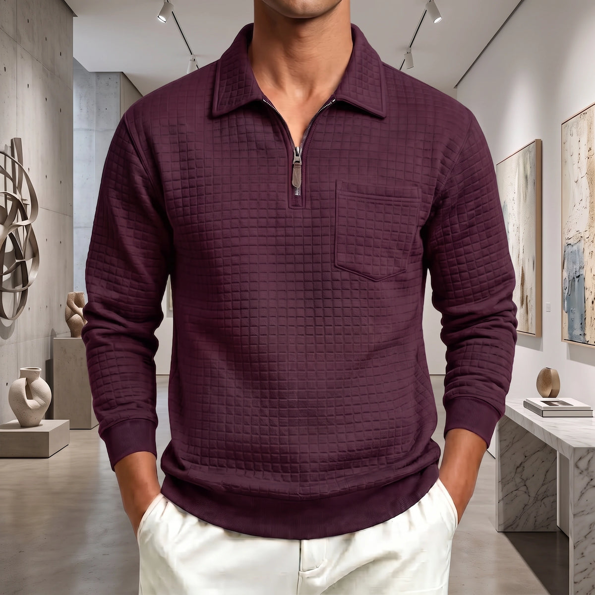 Mivanity Men's Textured Grid Jacquard Quarter-Zip Pullover
