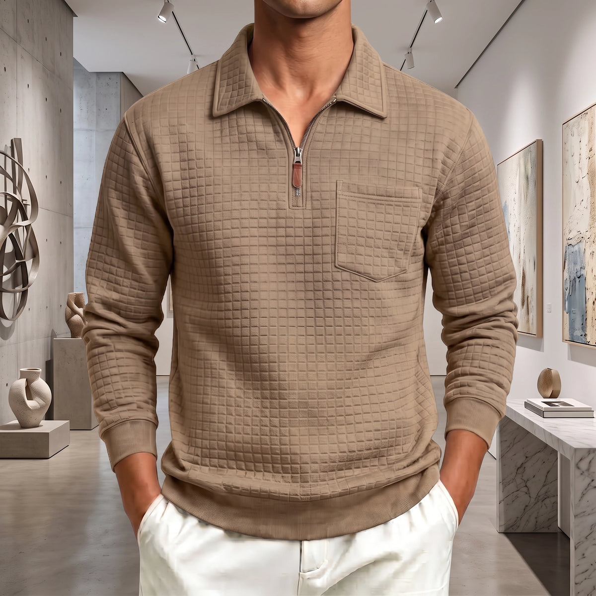 Mivanity Men's Textured Grid Jacquard Quarter-Zip Pullover