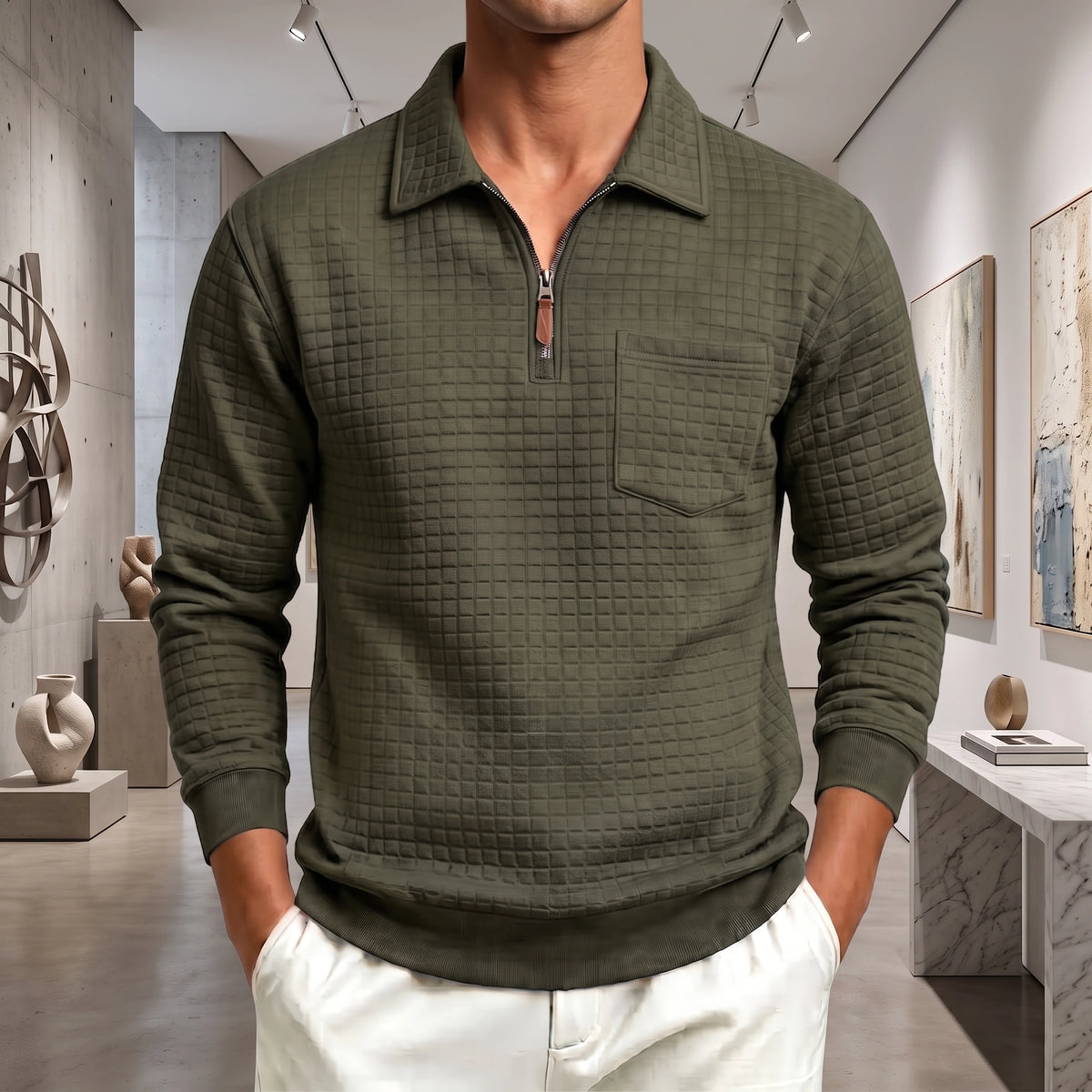 Mivanity Men's Textured Grid Jacquard Quarter-Zip Pullover