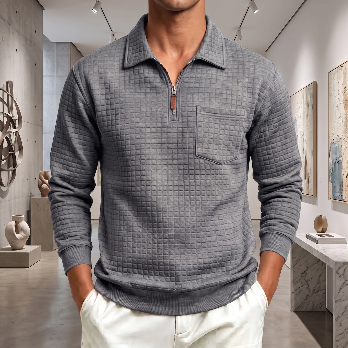 Mivanity Men's Textured Grid Jacquard Quarter-Zip Pullover