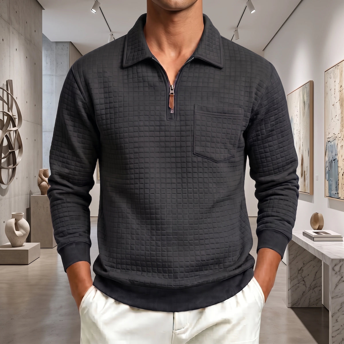 Mivanity Men's Textured Grid Jacquard Quarter-Zip Pullover