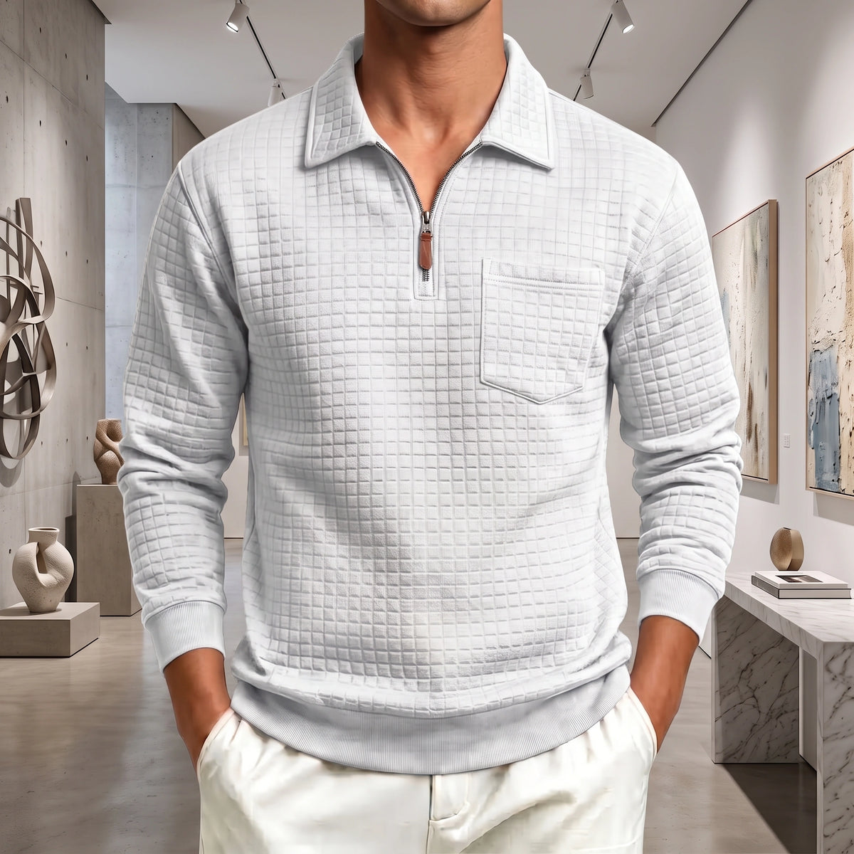 Mivanity Men's Textured Grid Jacquard Quarter-Zip Pullover
