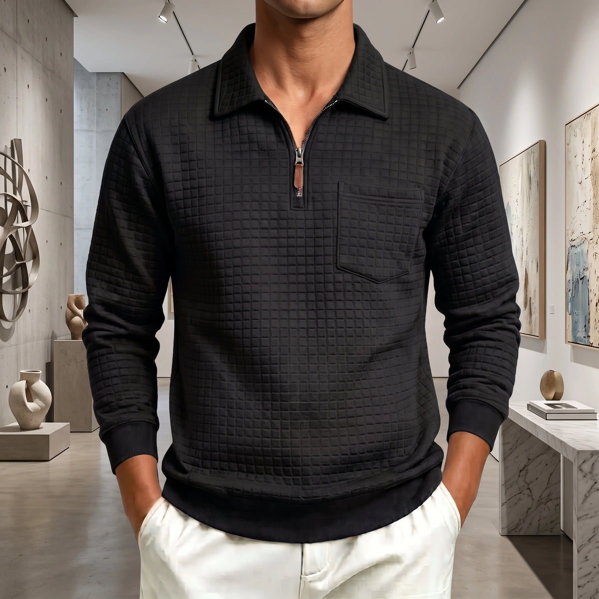Mivanity Men's Textured Grid Jacquard Quarter-Zip Pullover