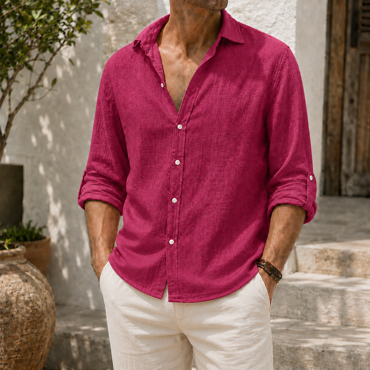 Mivanity Men’s Textured Linen-Blend Long Sleeve Button-Up Shirt