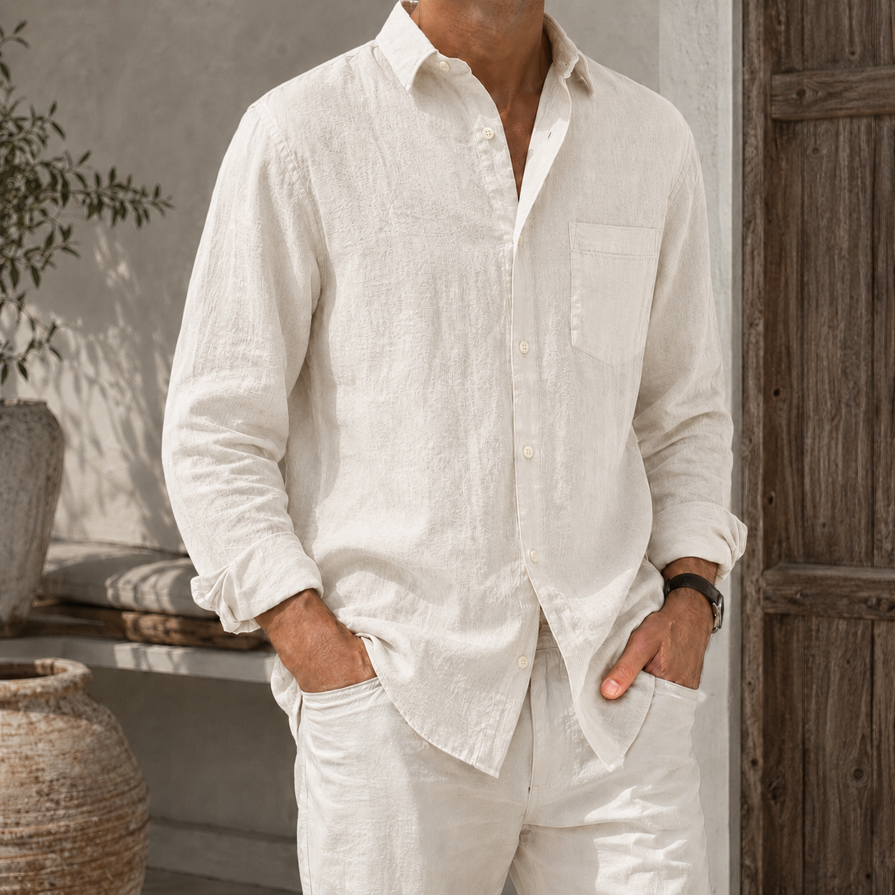 Mivanity Men’s Textured Linen-Blend Long Sleeve Button-Up Shirt