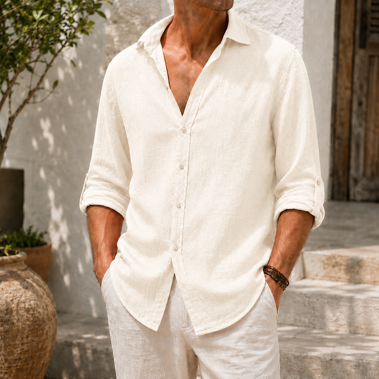 Mivanity Men’s Textured Linen-Blend Long Sleeve Button-Up Shirt