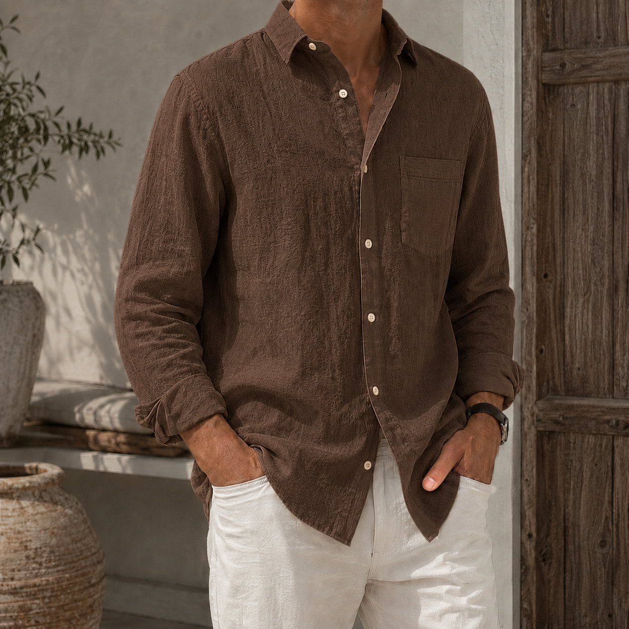 Mivanity Men’s Textured Linen-Blend Long Sleeve Button-Up Shirt