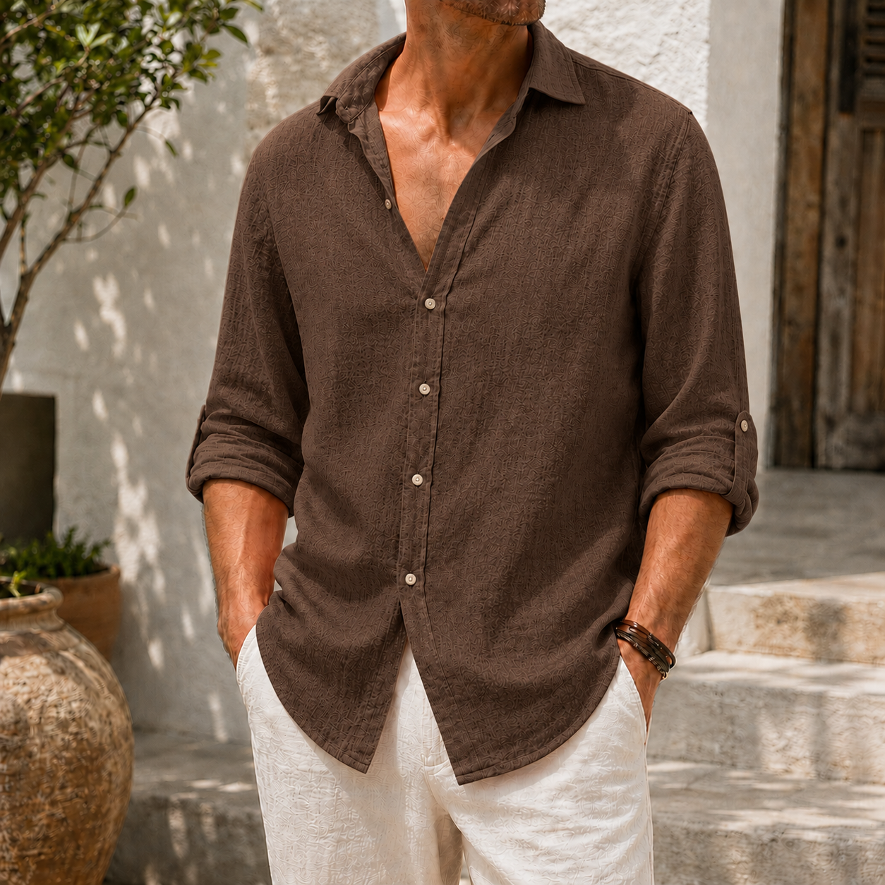 Mivanity Men’s Textured Linen-Blend Long Sleeve Button-Up Shirt