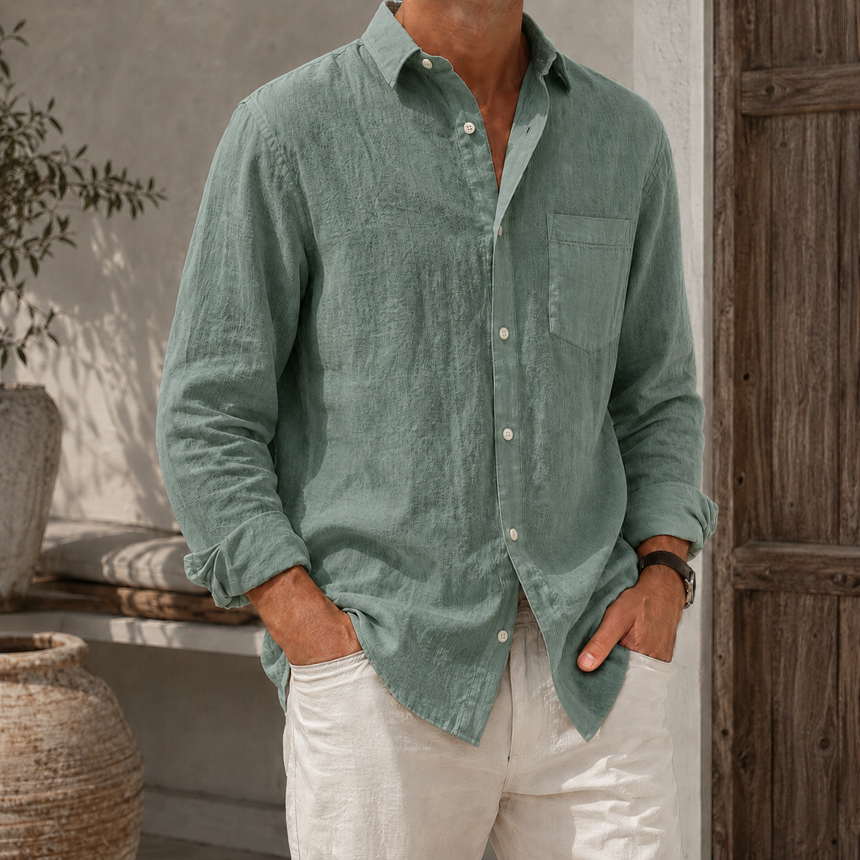 Mivanity Men’s Textured Linen-Blend Long Sleeve Button-Up Shirt