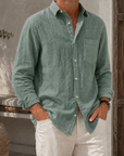 Mivanity Men’s Textured Linen-Blend Long Sleeve Button-Up Shirt