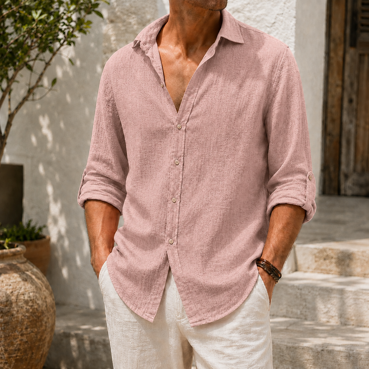 Mivanity Men’s Textured Linen-Blend Long Sleeve Button-Up Shirt